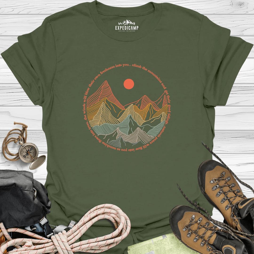 Climb The Mountains T-Shirt – Military Green – Outdoor apparel for travel, hiking, camping, and nature lovers – ExpediCamp