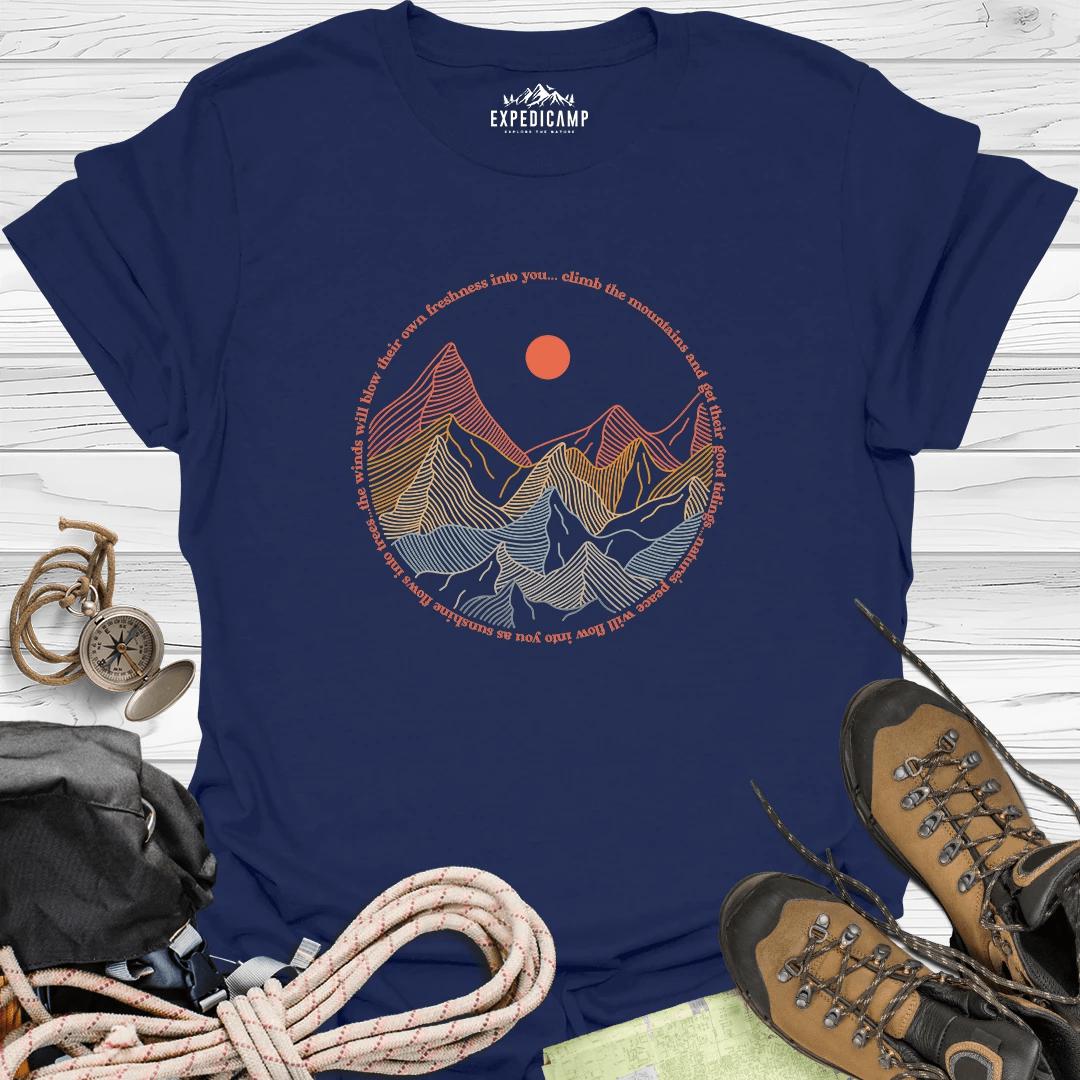 Climb The Mountains T-Shirt – Navy – Outdoor apparel for travel, hiking, camping, and nature lovers – ExpediCamp