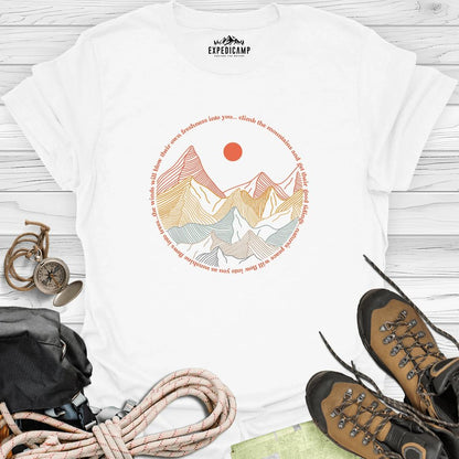 Climb The Mountains T-Shirt – White – Outdoor apparel for travel, hiking, camping, and nature lovers – ExpediCamp
