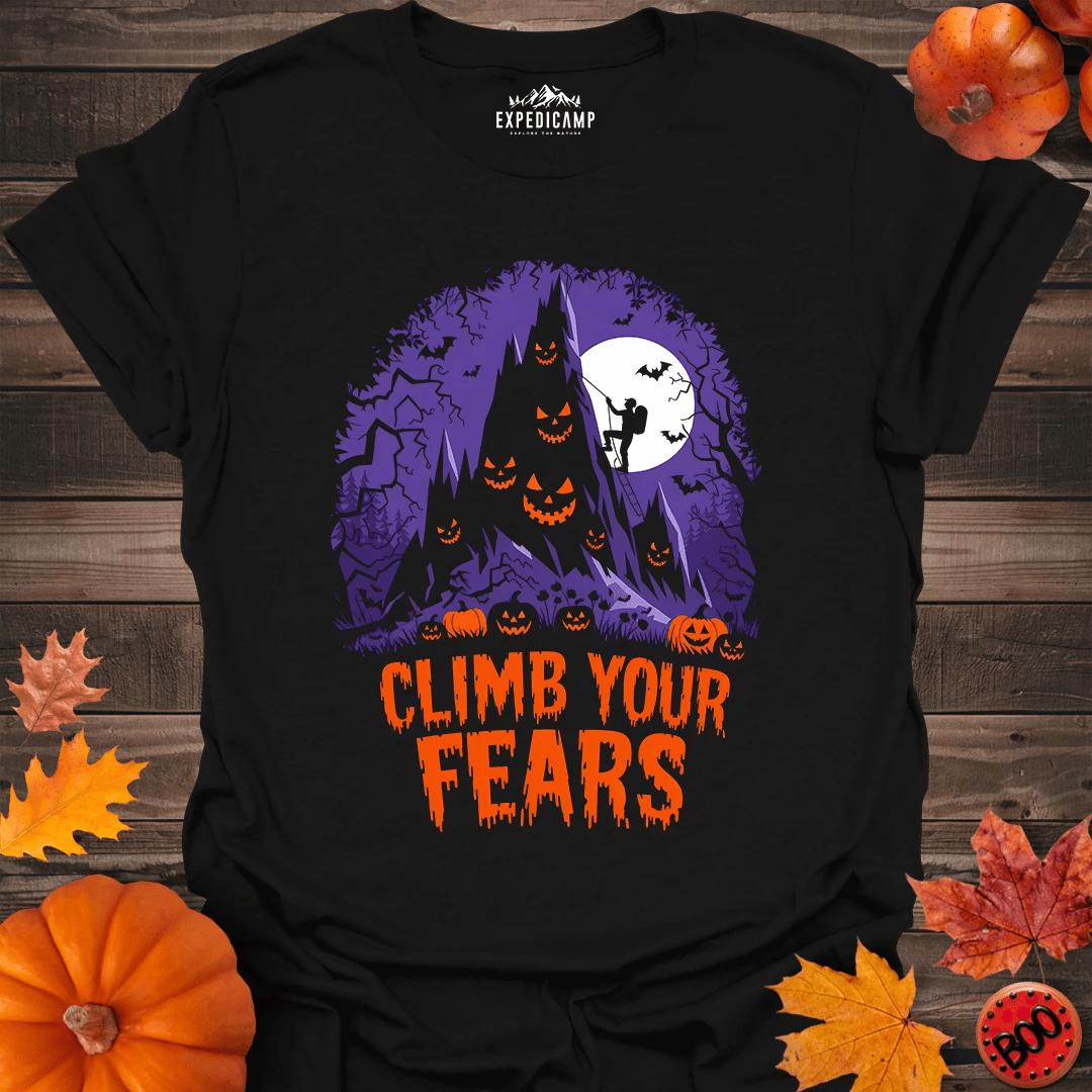 Climb Your Fears T-Shirt – Black – Outdoor apparel for travel, hiking, camping, and nature lovers – ExpediCamp