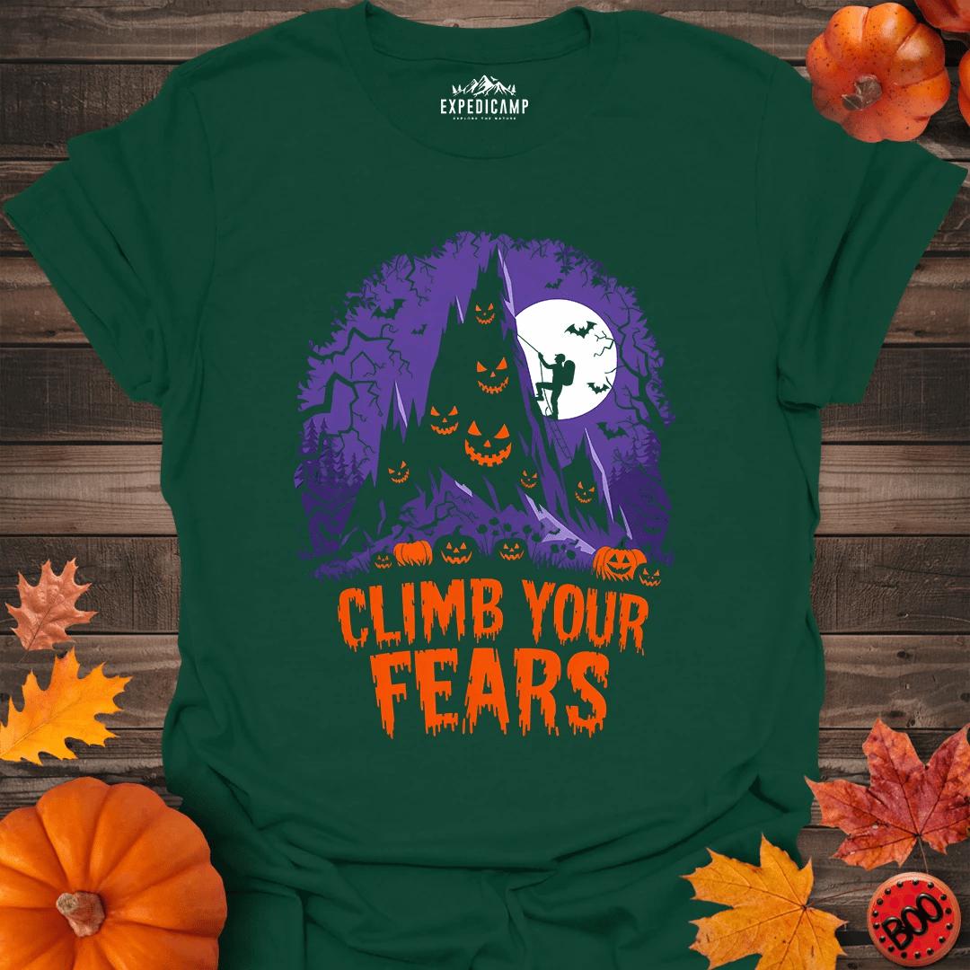 Climb Your Fears T-Shirt – Forest Green – Outdoor apparel for travel, hiking, camping, and nature lovers – ExpediCamp
