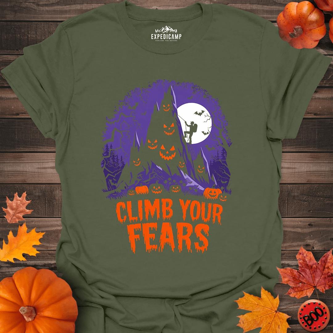 Climb Your Fears T-Shirt – Military Green – Outdoor apparel for travel, hiking, camping, and nature lovers – ExpediCamp
