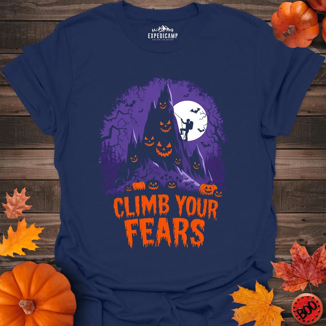 Climb Your Fears T-Shirt – Navy – Outdoor apparel for travel, hiking, camping, and nature lovers – ExpediCamp
