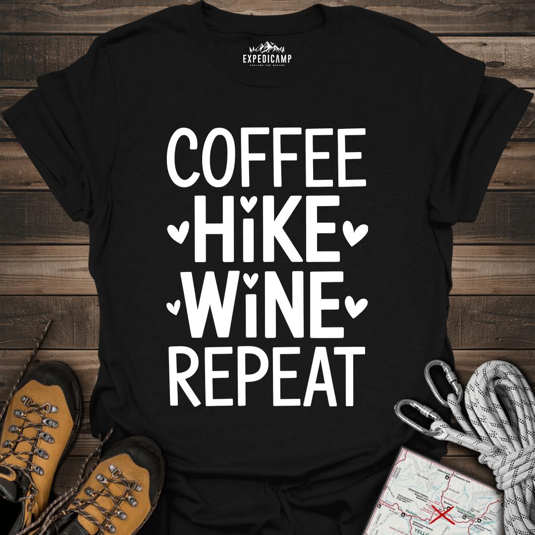 Coffee Hike Wine Repeat T-Shirt – Black – Outdoor apparel for travel, hiking, camping, and nature lovers – ExpediCamp