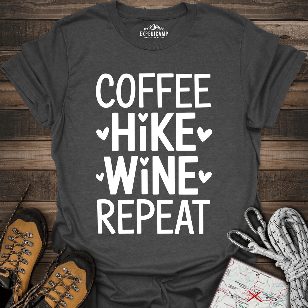 Coffee Hike Wine Repeat T-Shirt – Dark Heather – Outdoor apparel for travel, hiking, camping, and nature lovers – ExpediCamp