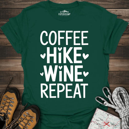 Coffee Hike Wine Repeat T-Shirt – Forest Green – Outdoor apparel for travel, hiking, camping, and nature lovers – ExpediCamp