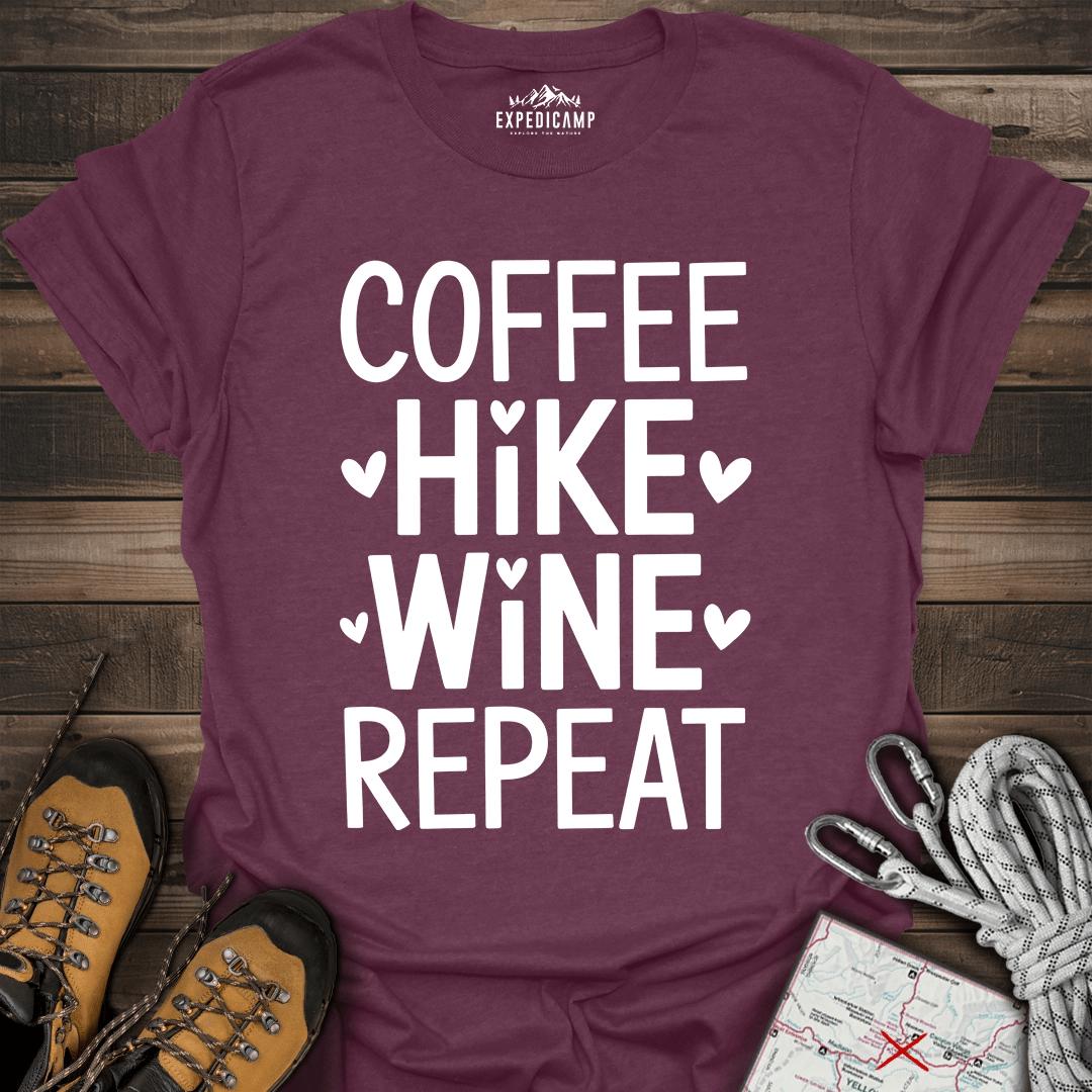 Coffee Hike Wine Repeat T-Shirt – Heather Maroon – Outdoor apparel for travel, hiking, camping, and nature lovers – ExpediCamp