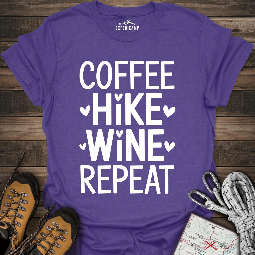 Coffee Hike Wine Repeat T-Shirt – Heather Purple – Outdoor apparel for travel, hiking, camping, and nature lovers – ExpediCamp