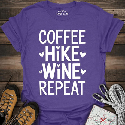 Coffee Hike Wine Repeat T-Shirt – Heather Purple – Outdoor apparel for travel, hiking, camping, and nature lovers – ExpediCamp