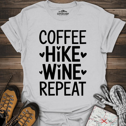 Coffee Hike Wine Repeat T-Shirt – Ice Grey – Outdoor apparel for travel, hiking, camping, and nature lovers – ExpediCamp