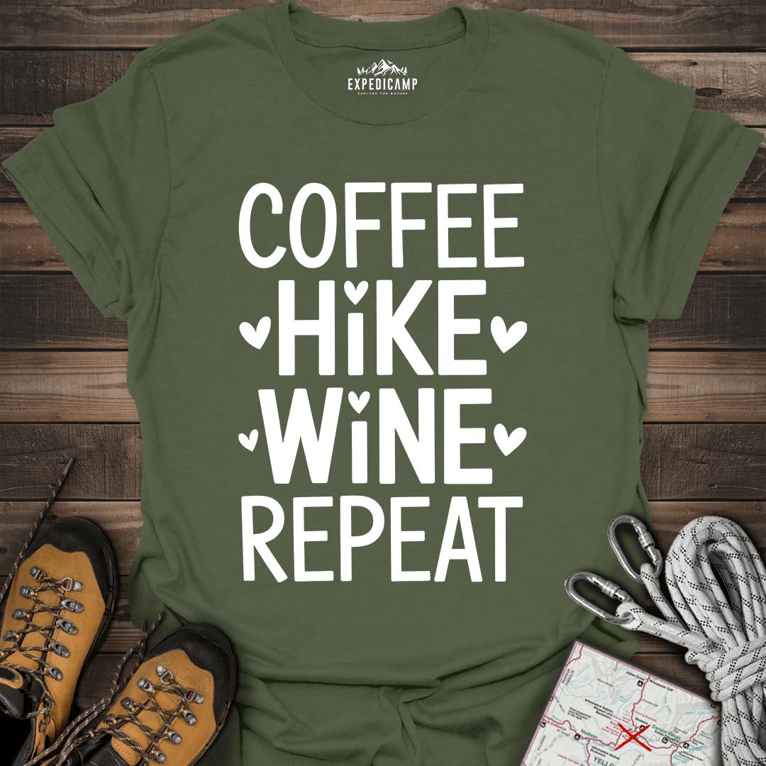 Coffee Hike Wine Repeat T-Shirt – Military Green – Outdoor apparel for travel, hiking, camping, and nature lovers – ExpediCamp