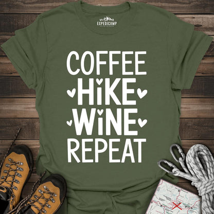 Coffee Hike Wine Repeat T-Shirt – Military Green – Outdoor apparel for travel, hiking, camping, and nature lovers – ExpediCamp