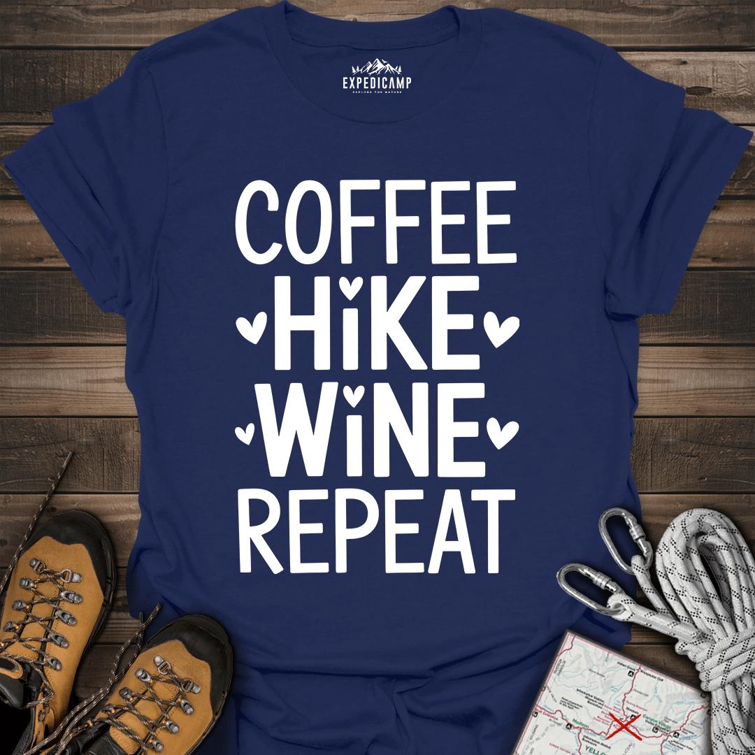 Coffee Hike Wine Repeat T-Shirt – Navy – Outdoor apparel for travel, hiking, camping, and nature lovers – ExpediCamp