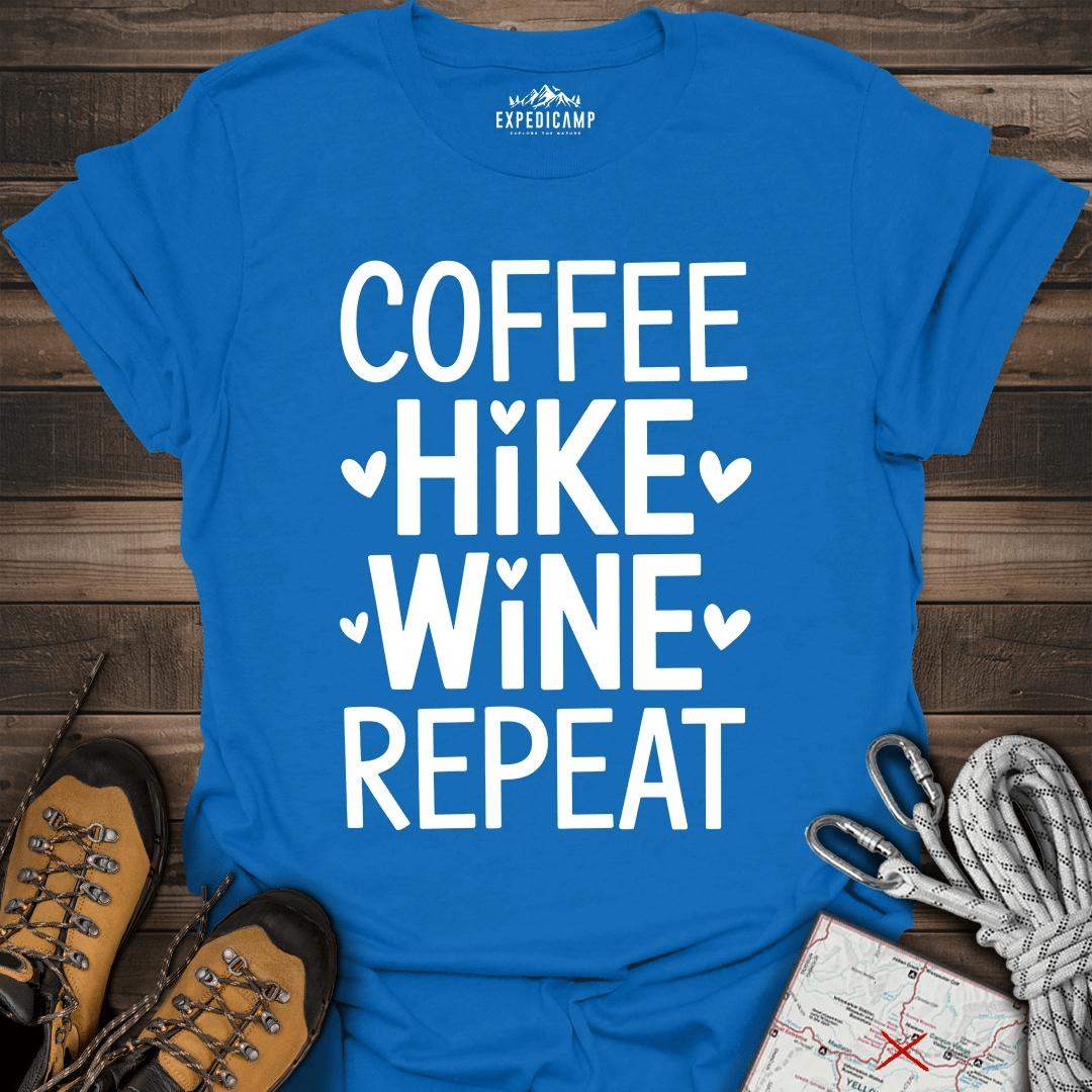 Coffee Hike Wine Repeat T-Shirt – Royal – Outdoor apparel for travel, hiking, camping, and nature lovers – ExpediCamp