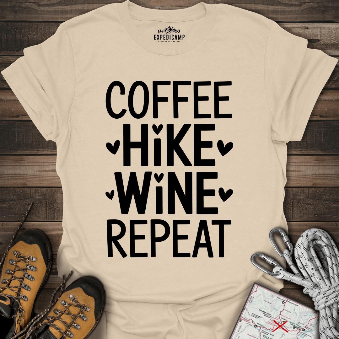 Coffee Hike Wine Repeat T-Shirt – Sand – Outdoor apparel for travel, hiking, camping, and nature lovers – ExpediCamp