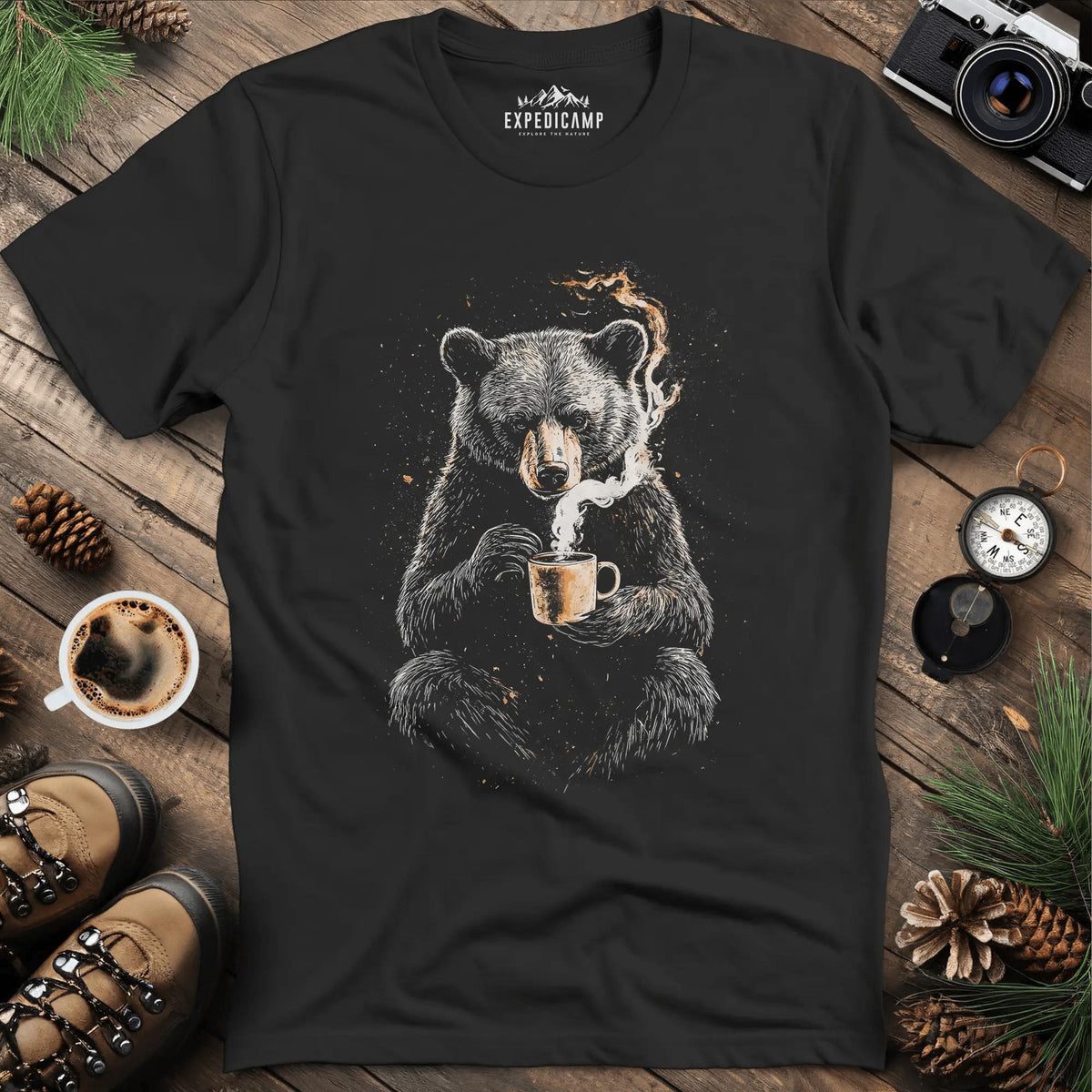 Coffee-Loving Bear Art T-Shirt – Black – Outdoor apparel for travel, hiking, camping, and nature lovers – ExpediCamp