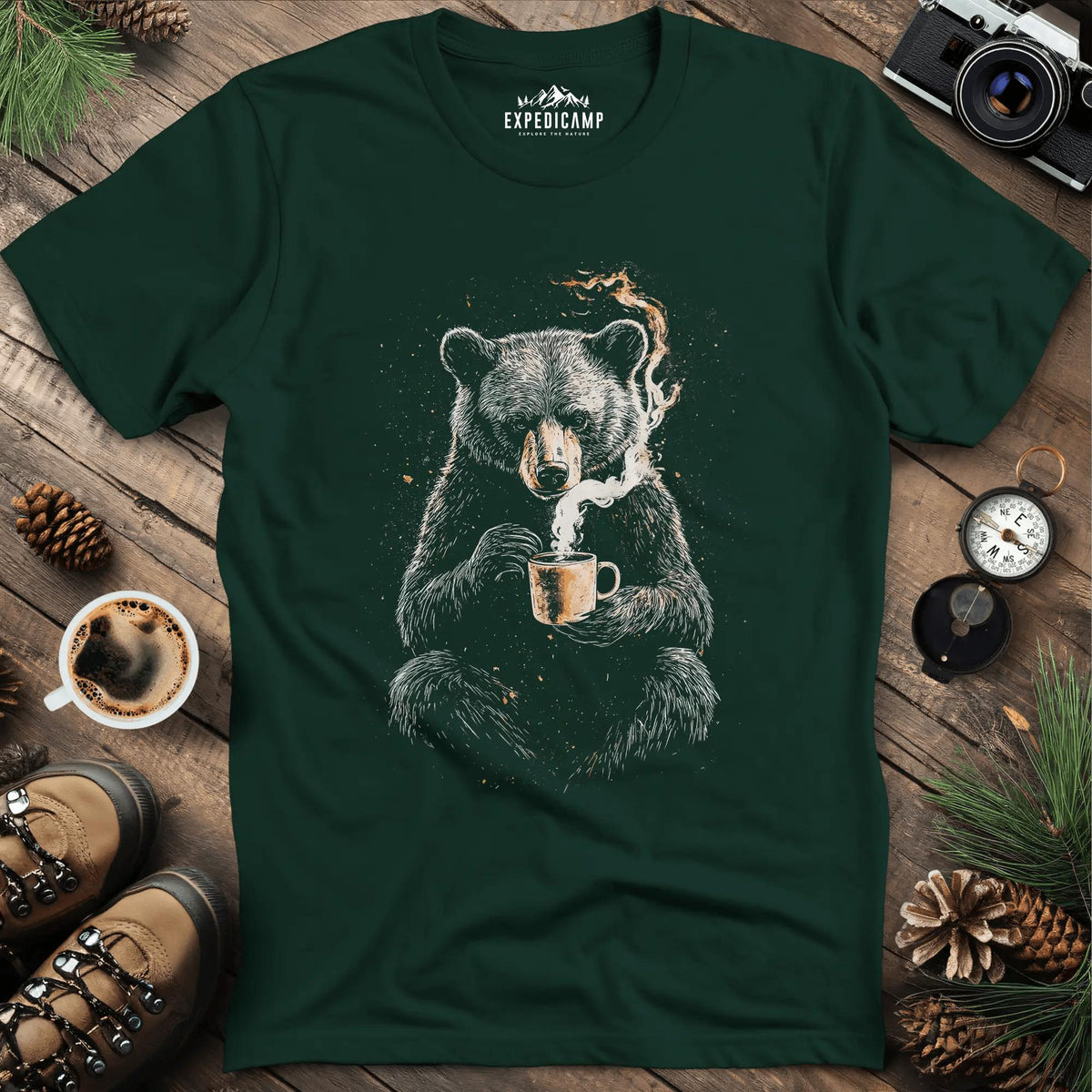 Coffee-Loving Bear Art T-Shirt – Forest Green – Outdoor apparel for travel, hiking, camping, and nature lovers – ExpediCamp