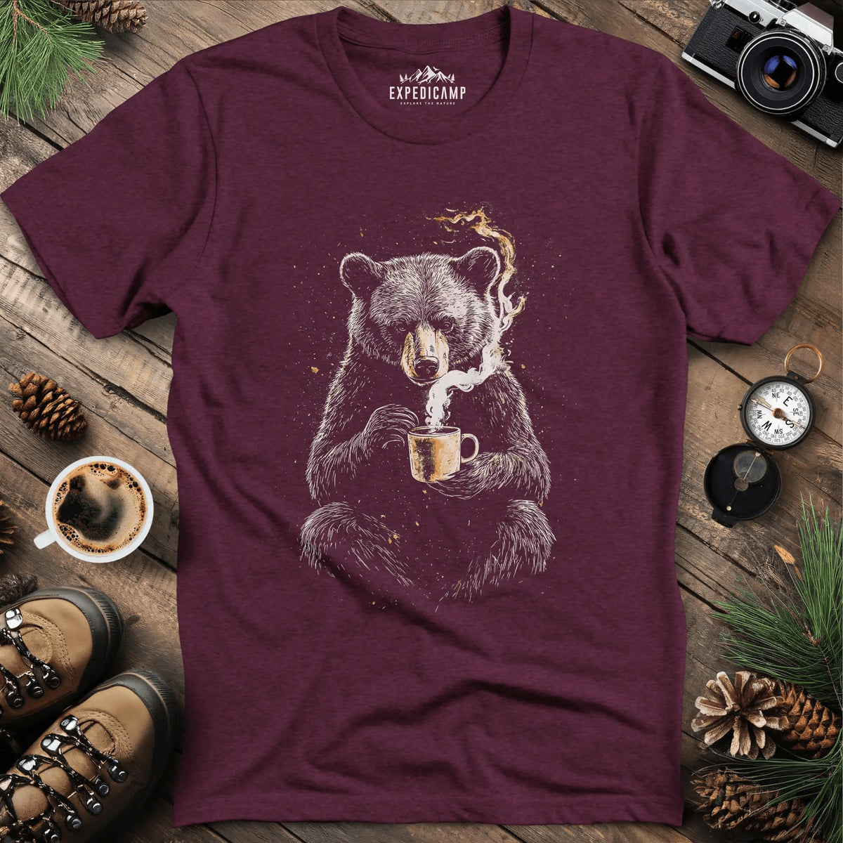 Coffee-Loving Bear Art T-Shirt – Heather Maroon – Outdoor apparel for travel, hiking, camping, and nature lovers – ExpediCamp