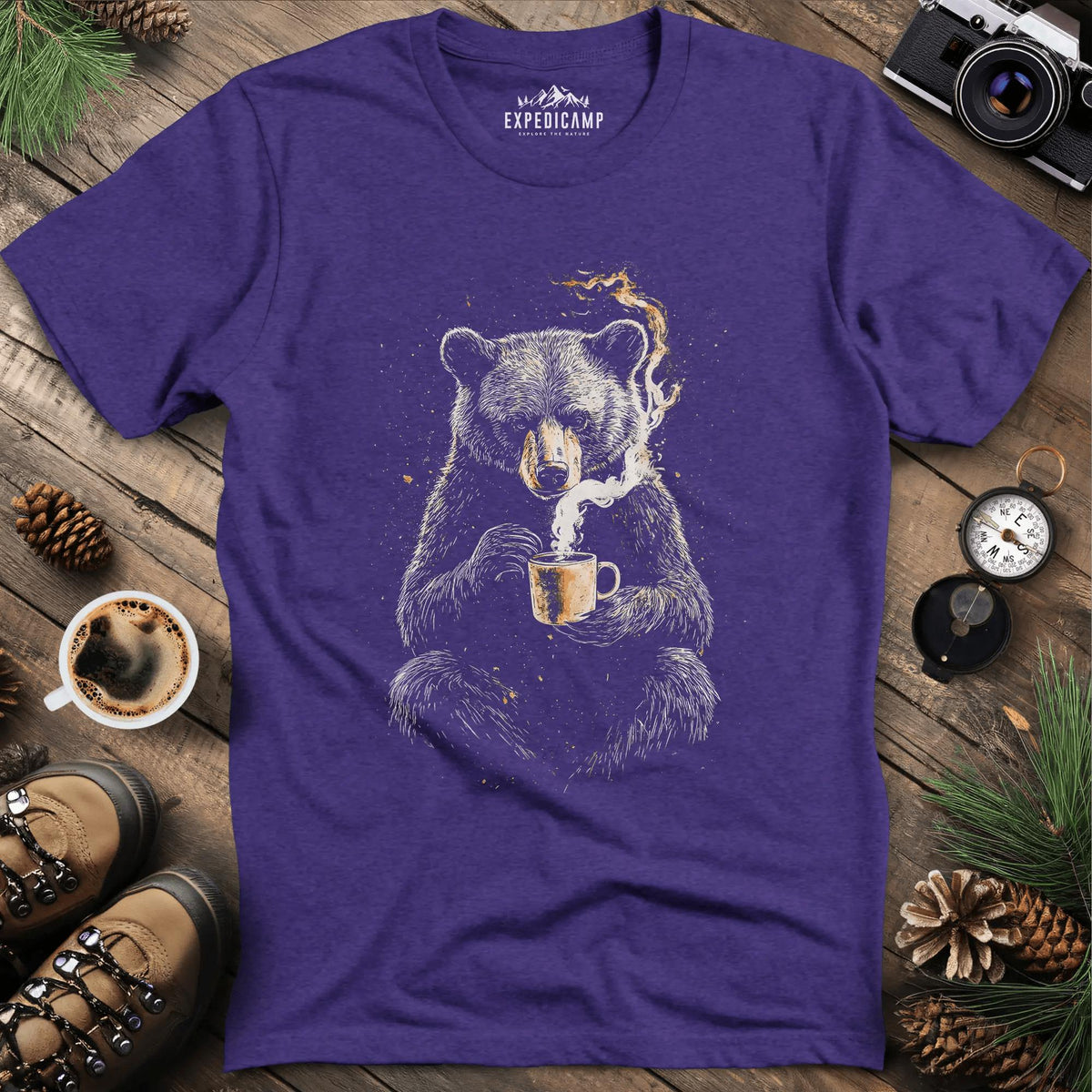 Coffee-Loving Bear Art T-Shirt – Heather Purple – Outdoor apparel for travel, hiking, camping, and nature lovers – ExpediCamp