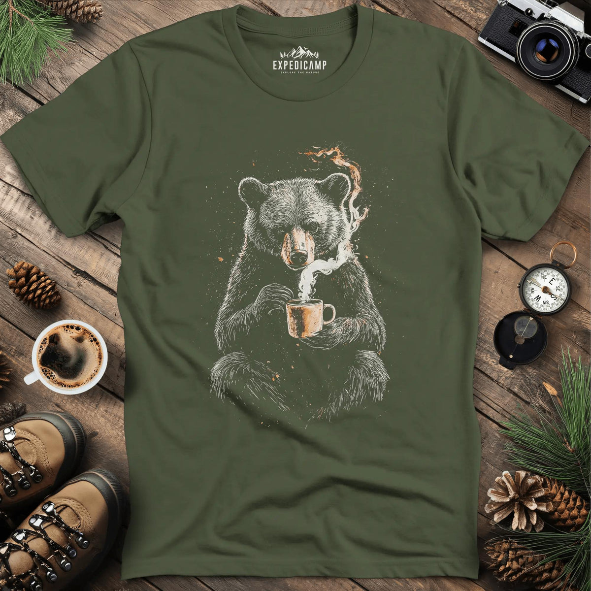 Coffee-Loving Bear Art T-Shirt – Military Green – Outdoor apparel for travel, hiking, camping, and nature lovers – ExpediCamp