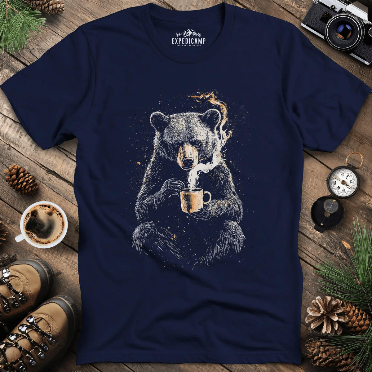Coffee-Loving Bear Art T-Shirt – Navy – Outdoor apparel for travel, hiking, camping, and nature lovers – ExpediCamp