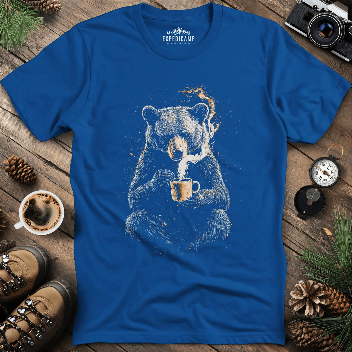 Coffee-Loving Bear Art T-Shirt – Royal – Outdoor apparel for travel, hiking, camping, and nature lovers – ExpediCamp