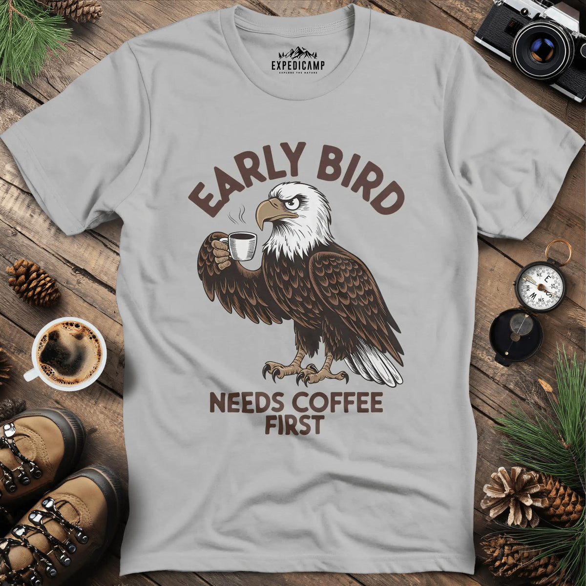 Coffee-Loving Eagle T-Shirt – Ice Grey – Outdoor apparel for travel, hiking, camping, and nature lovers – ExpediCamp