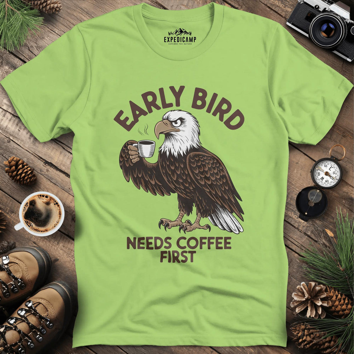 Coffee-Loving Eagle T-Shirt – Kiwi – Outdoor apparel for travel, hiking, camping, and nature lovers – ExpediCamp