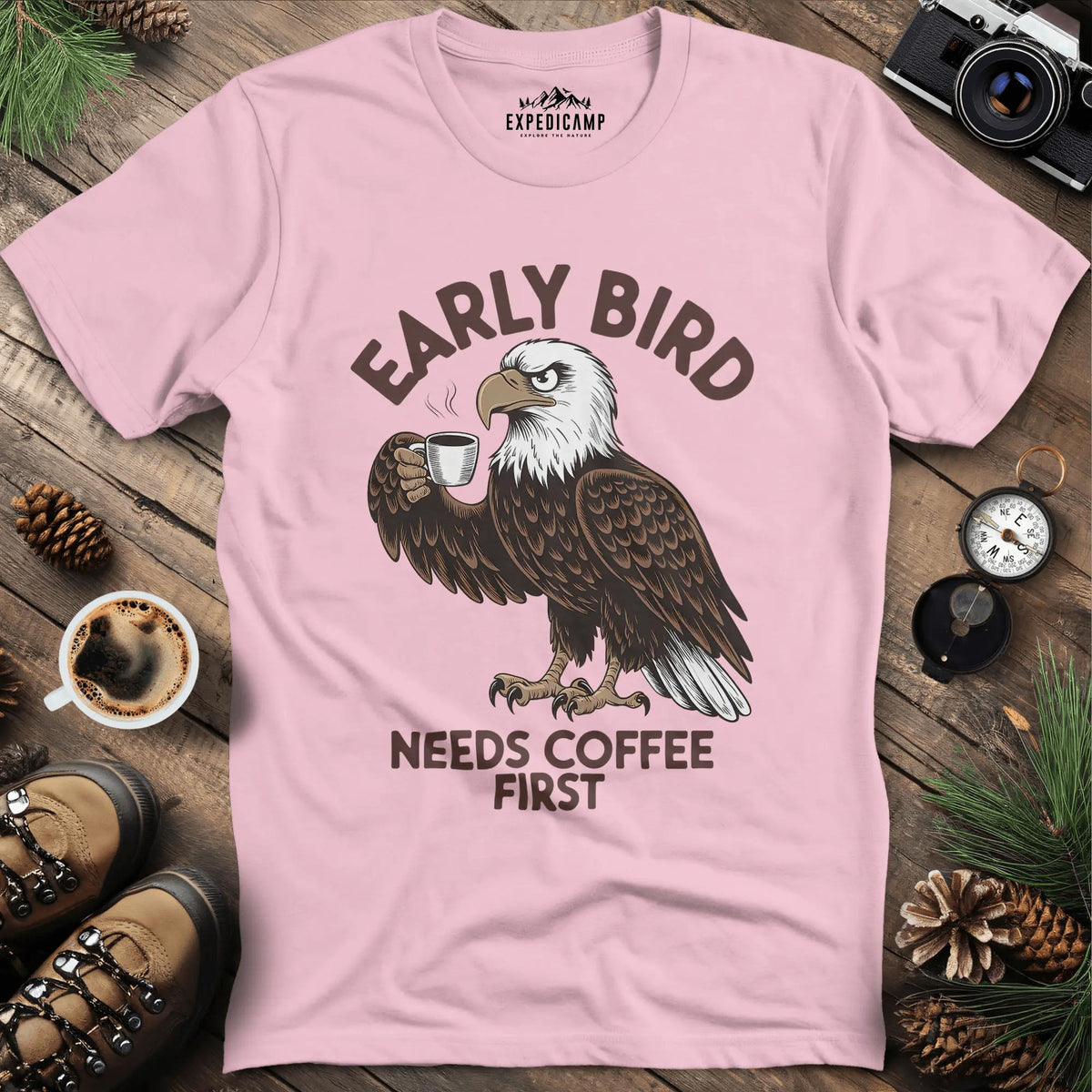 Coffee-Loving Eagle T-Shirt – Light Pink – Outdoor apparel for travel, hiking, camping, and nature lovers – ExpediCamp