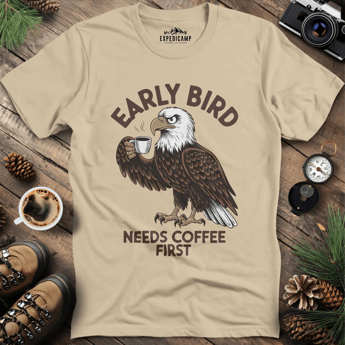 Coffee-Loving Eagle T-Shirt – Sand – Outdoor apparel for travel, hiking, camping, and nature lovers – ExpediCamp