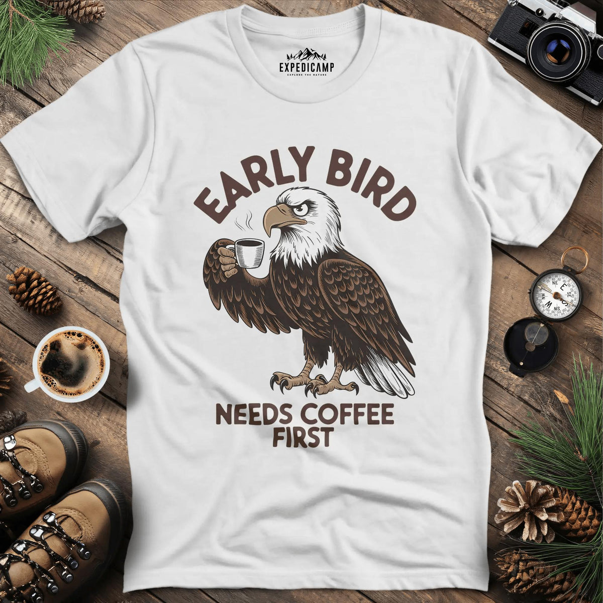 Coffee-Loving Eagle T-Shirt – White – Outdoor apparel for travel, hiking, camping, and nature lovers – ExpediCamp