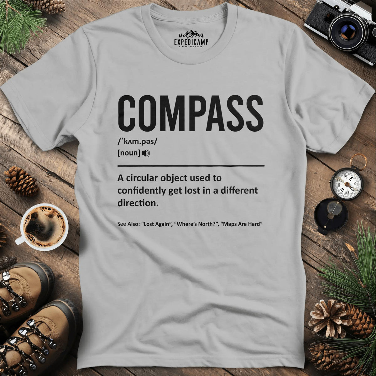 Compass Definition T-Shirt – Ice Grey – Outdoor apparel for travel, hiking, camping, and nature lovers – ExpediCamp
