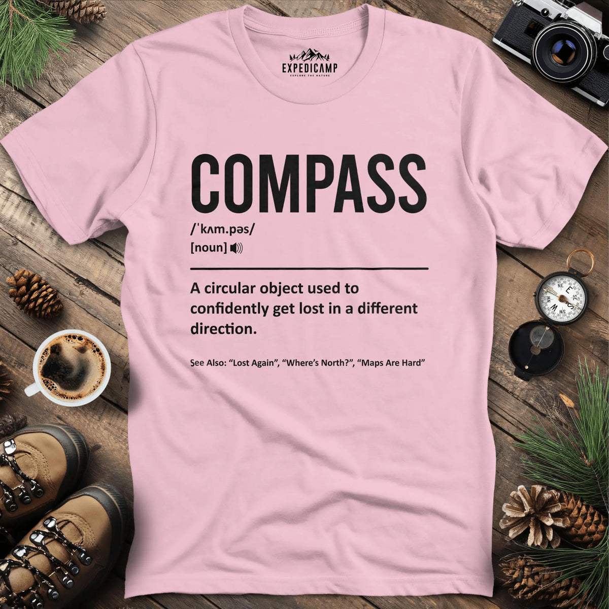 Compass Definition T-Shirt – Light Pink – Outdoor apparel for travel, hiking, camping, and nature lovers – ExpediCamp