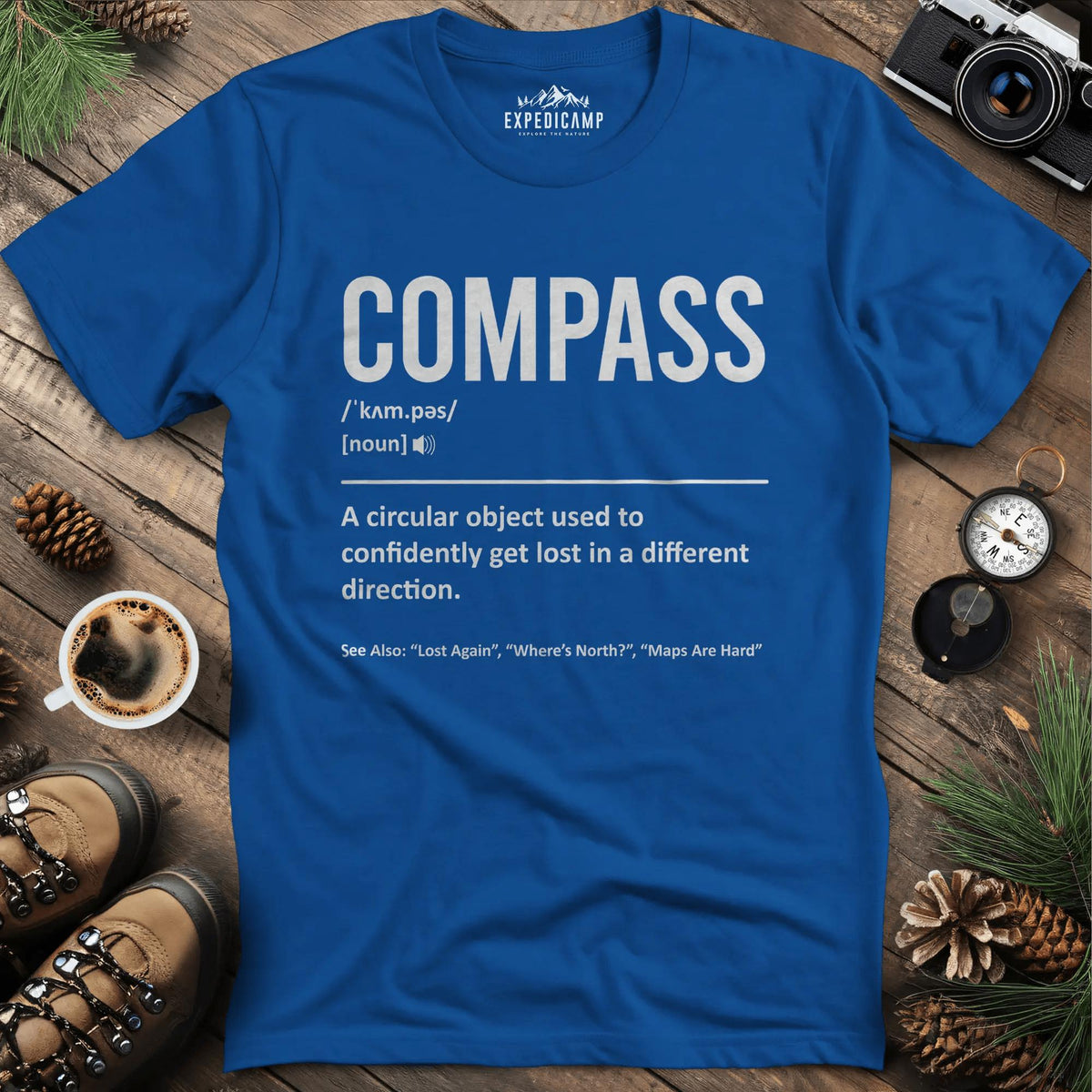 Compass Definition T-Shirt – Royal – Outdoor apparel for travel, hiking, camping, and nature lovers – ExpediCamp