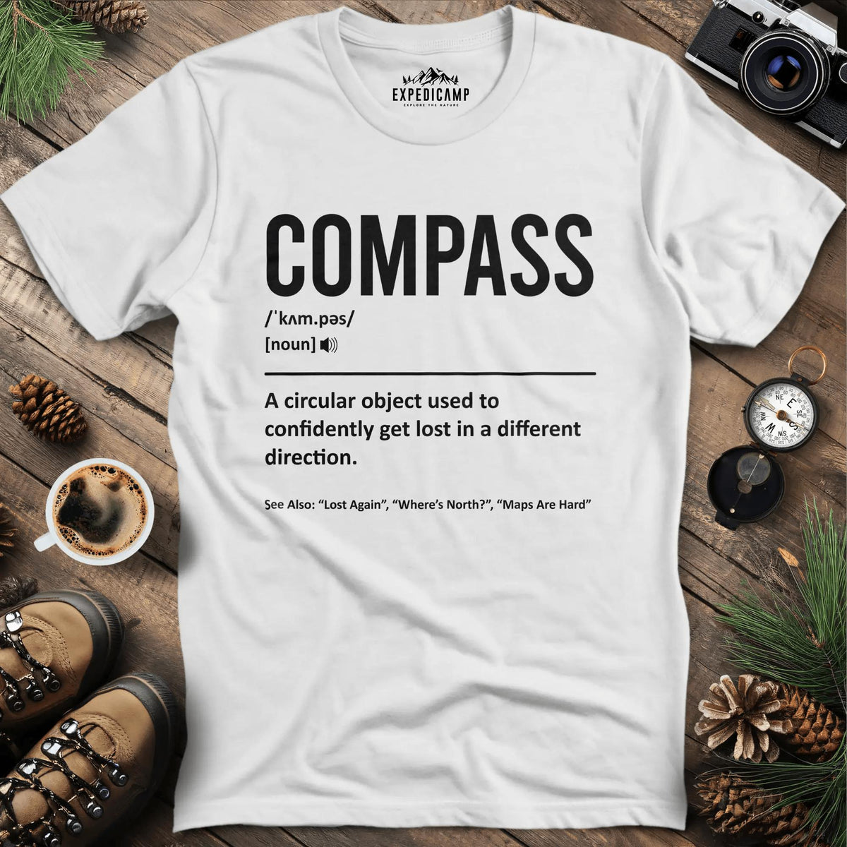 Compass Definition T-Shirt – White – Outdoor apparel for travel, hiking, camping, and nature lovers – ExpediCamp