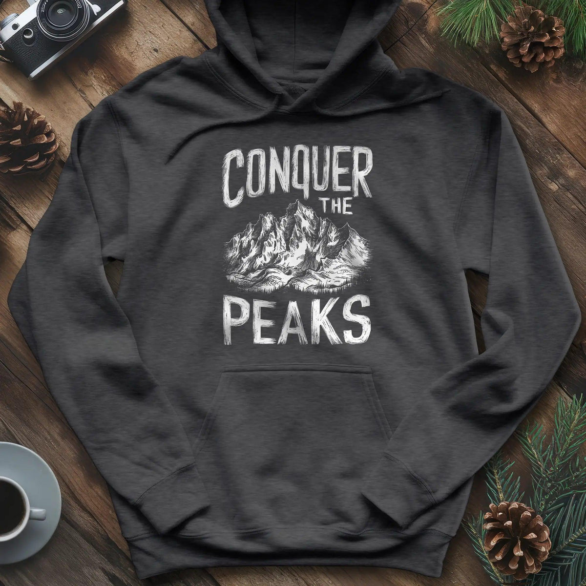 Conquer the Peaks Hoodie – Dark Heather – Outdoor apparel for travel, hiking, camping, and nature lovers – ExpediCamp