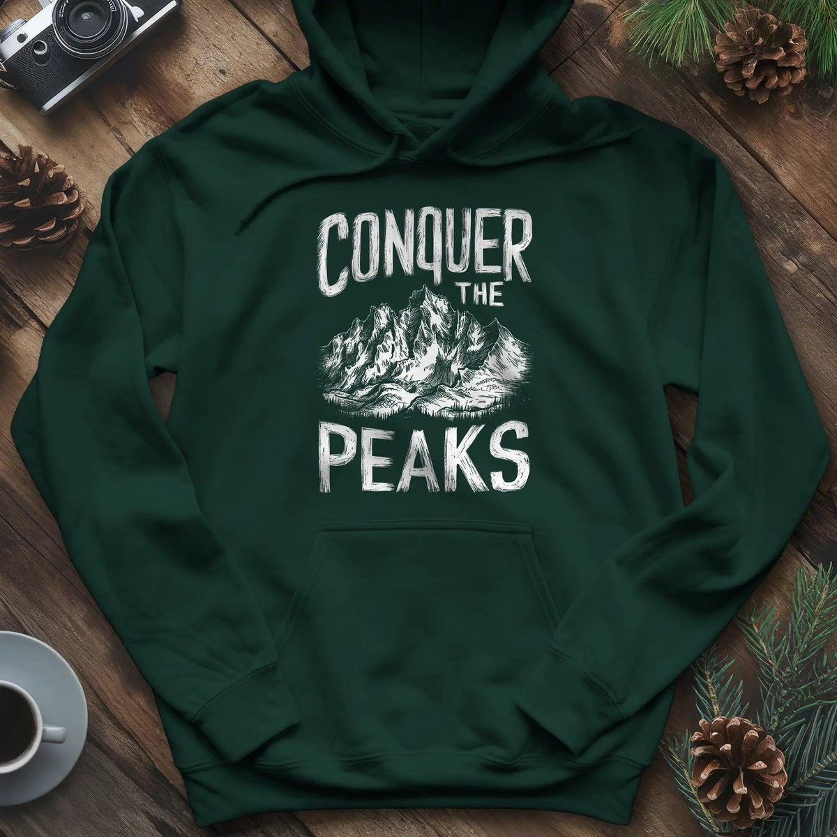 Conquer the Peaks Hoodie – Forest Green – Outdoor apparel for travel, hiking, camping, and nature lovers – ExpediCamp