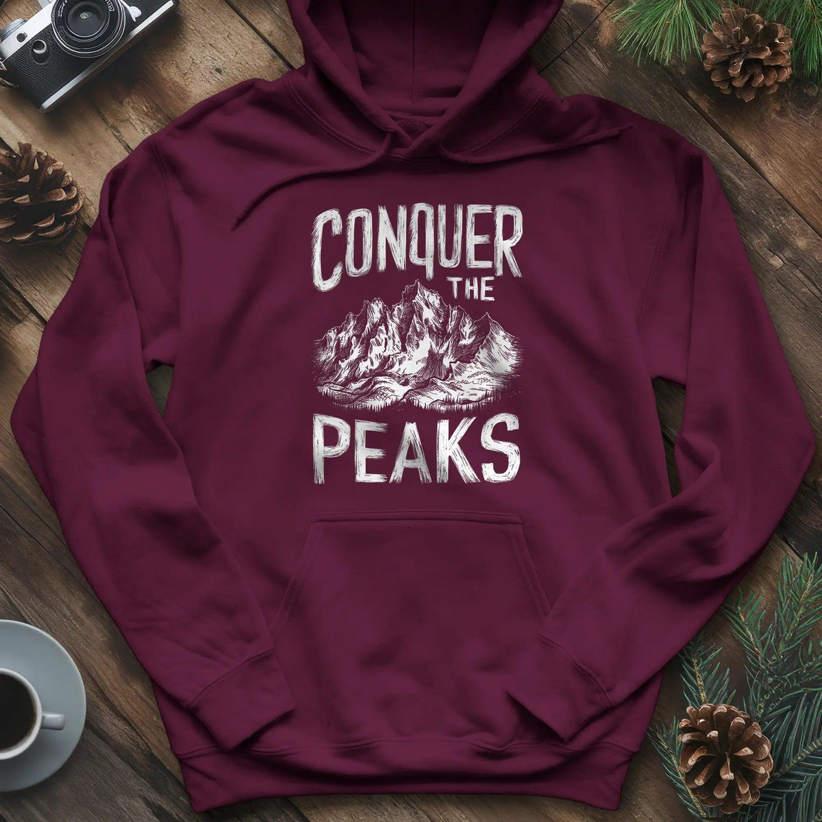 Conquer the Peaks Hoodie – Maroon – Outdoor apparel for travel, hiking, camping, and nature lovers – ExpediCamp