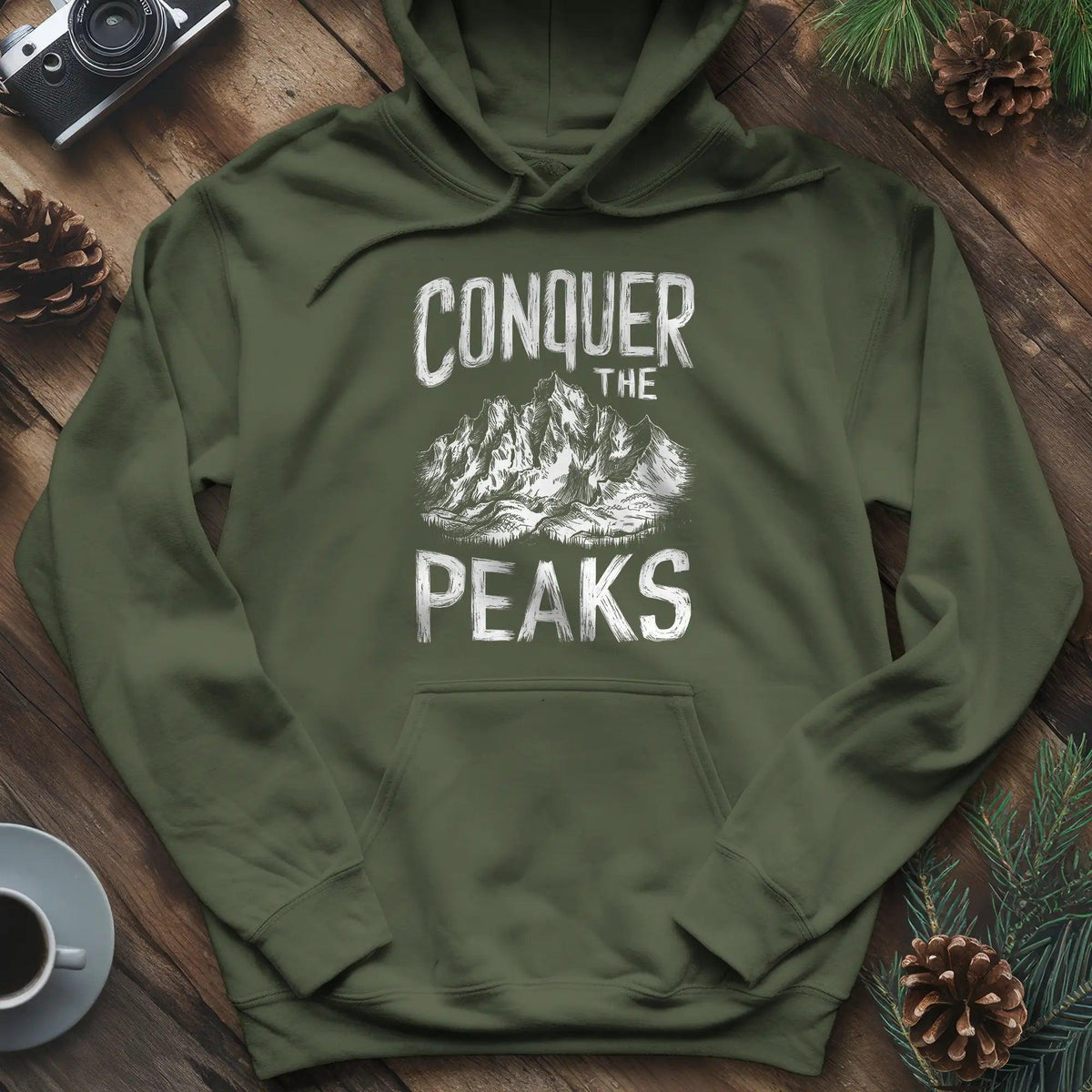 Conquer the Peaks Hoodie – Military Green – Outdoor apparel for travel, hiking, camping, and nature lovers – ExpediCamp