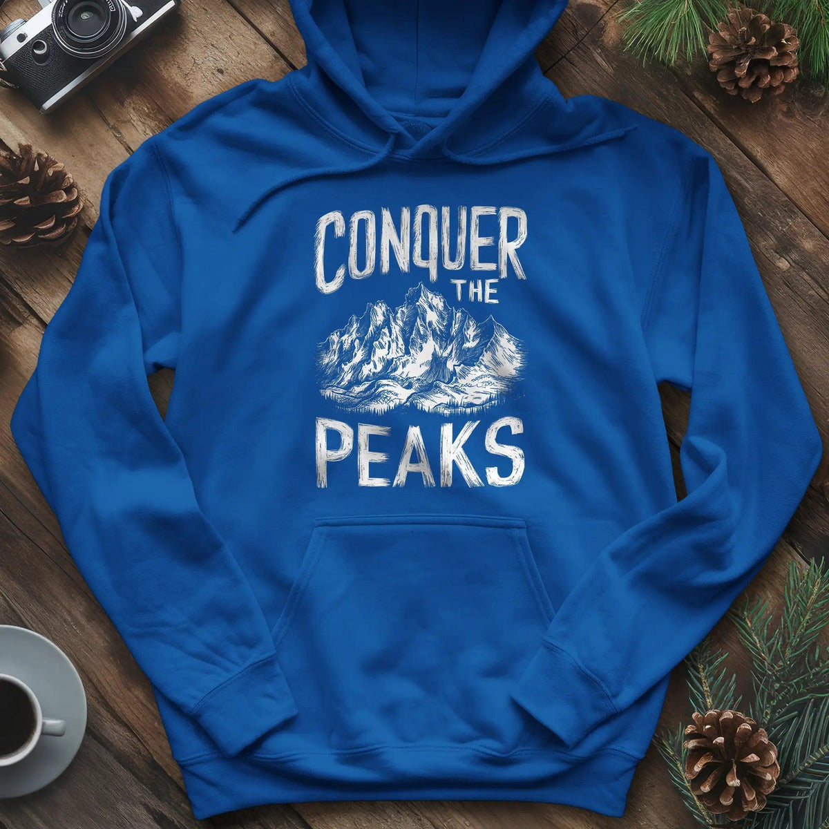 Conquer the Peaks Hoodie – Royal – Outdoor apparel for travel, hiking, camping, and nature lovers – ExpediCamp