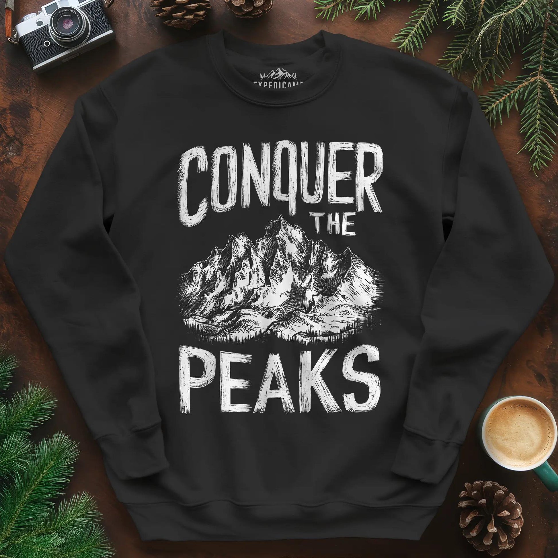 Conquer the Peaks Sweatshirt – Black – Outdoor apparel for travel, hiking, camping, and nature lovers – ExpediCamp
