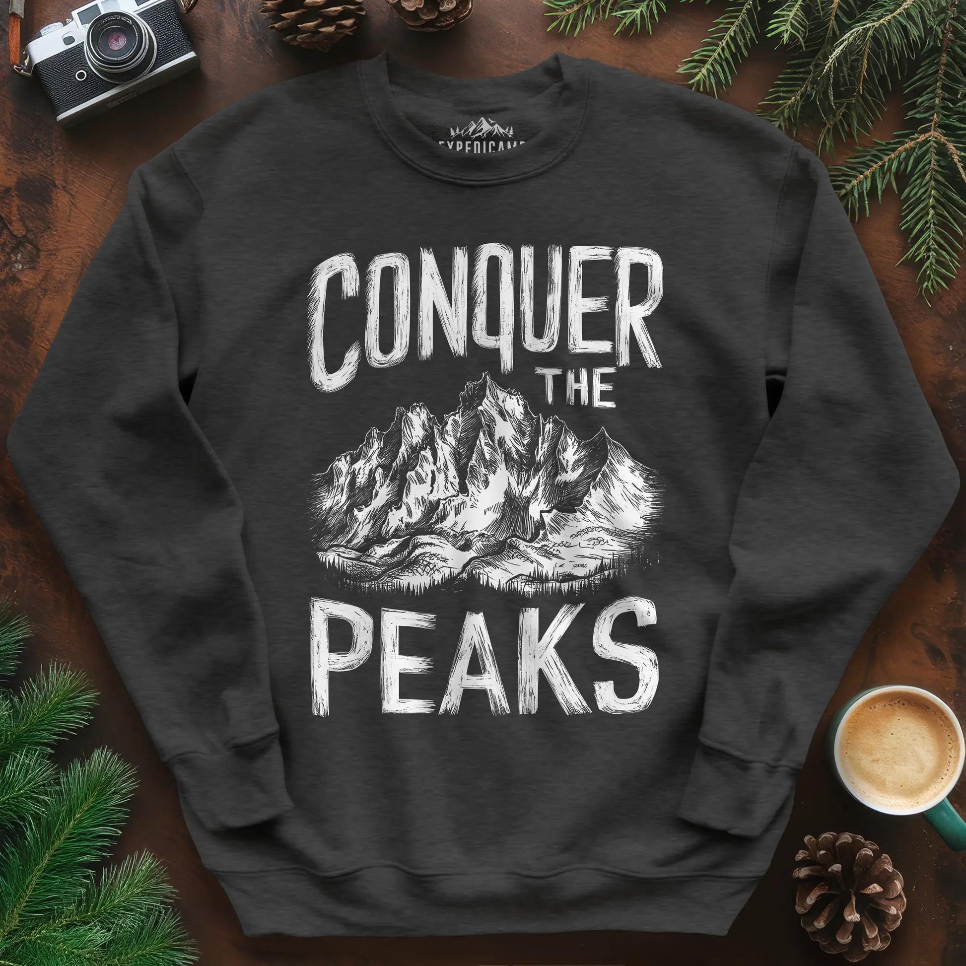 Conquer the Peaks Sweatshirt – Dark Heather – Outdoor apparel for travel, hiking, camping, and nature lovers – ExpediCamp