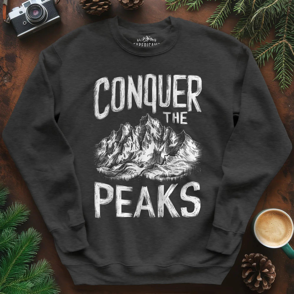 Conquer the Peaks Sweatshirt – Dark Heather – Outdoor apparel for travel, hiking, camping, and nature lovers – ExpediCamp