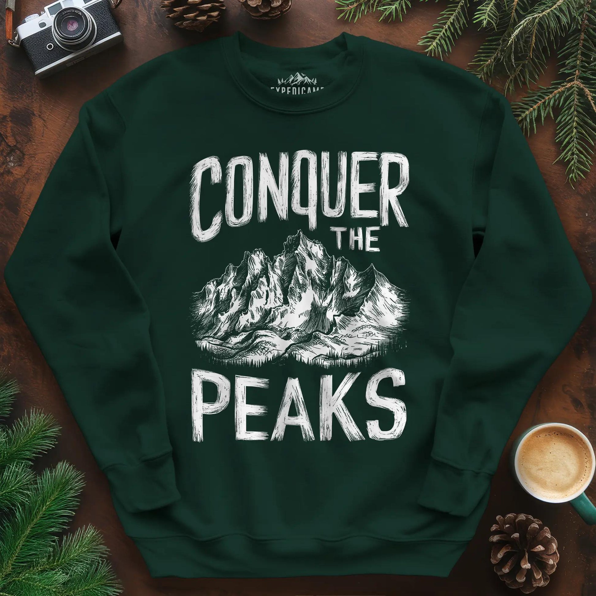 Conquer the Peaks Sweatshirt – Forest Green – Outdoor apparel for travel, hiking, camping, and nature lovers – ExpediCamp