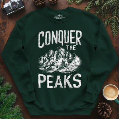 Conquer the Peaks Sweatshirt – Forest Green – Outdoor apparel for travel, hiking, camping, and nature lovers – ExpediCamp