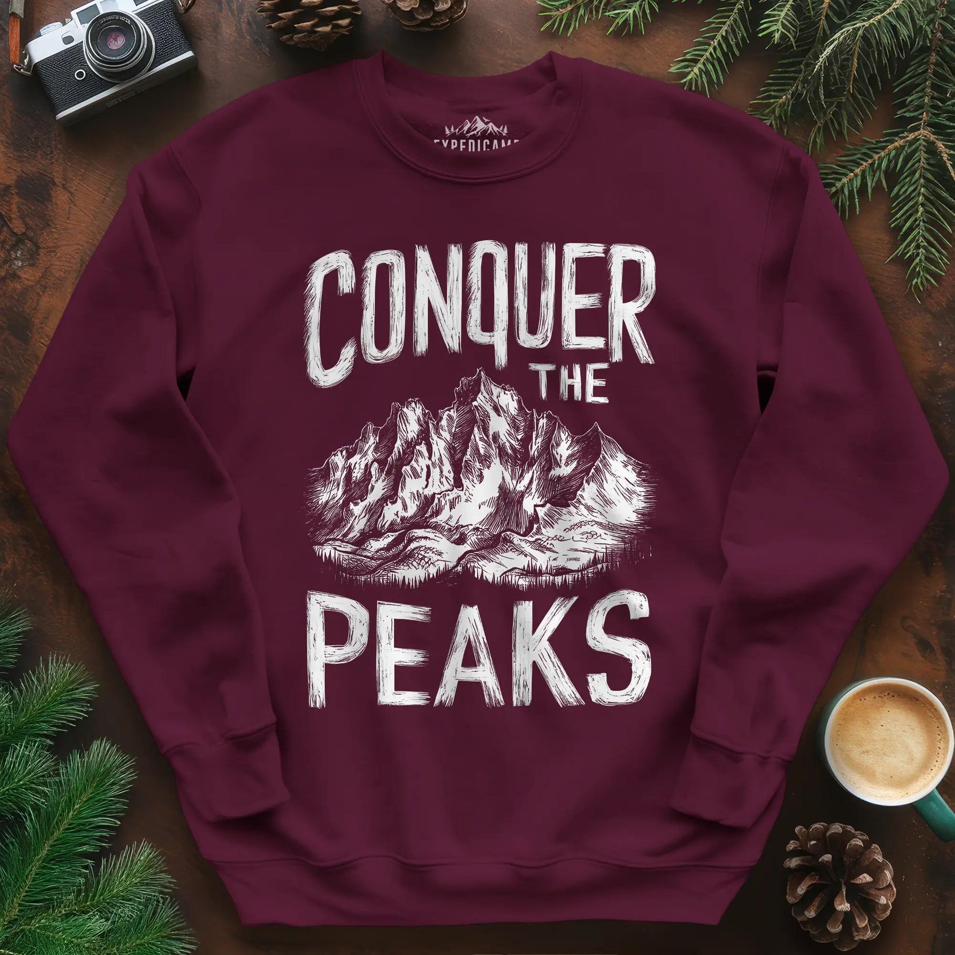 Conquer the Peaks Sweatshirt – Maroon – Outdoor apparel for travel, hiking, camping, and nature lovers – ExpediCamp