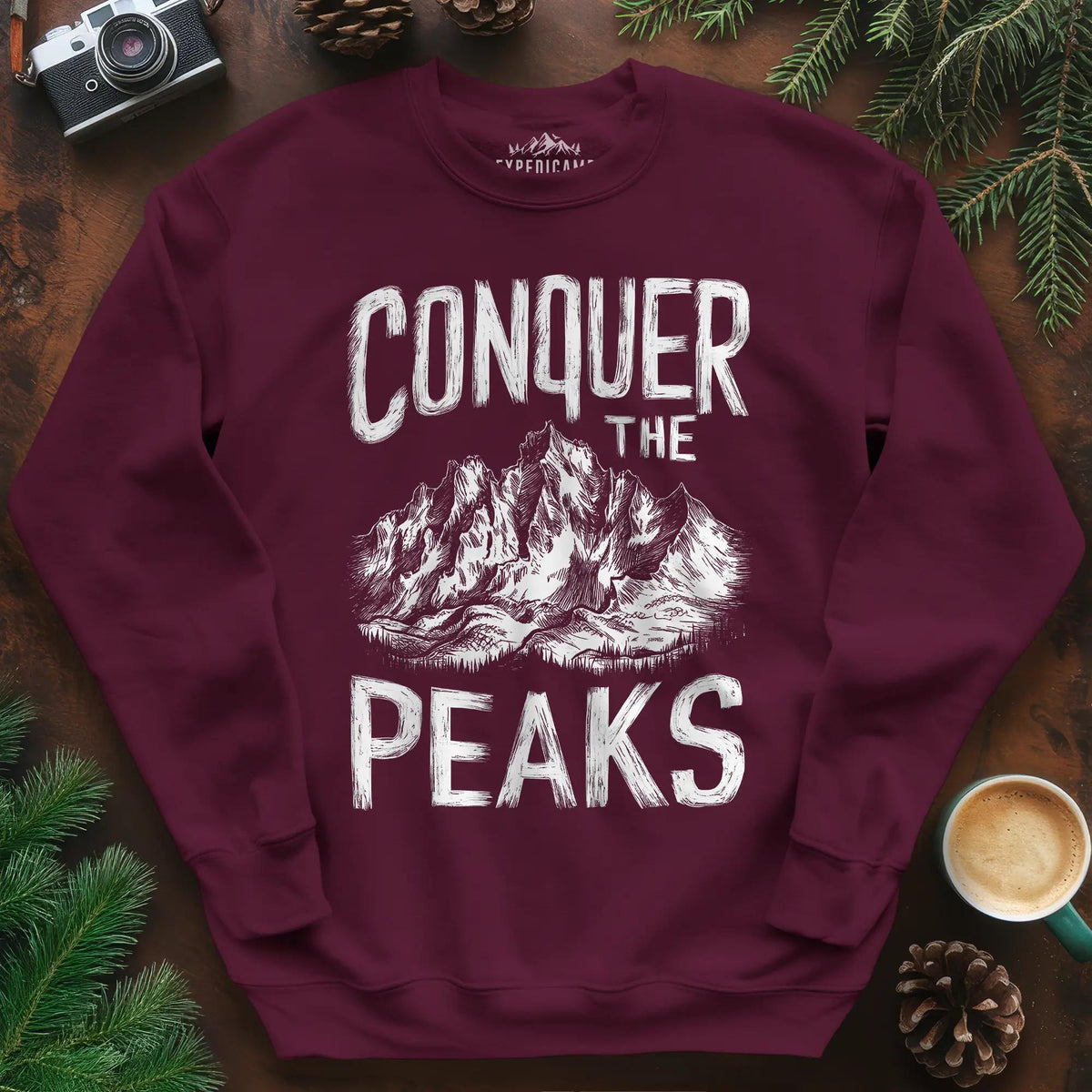 Conquer the Peaks Sweatshirt – Maroon – Outdoor apparel for travel, hiking, camping, and nature lovers – ExpediCamp