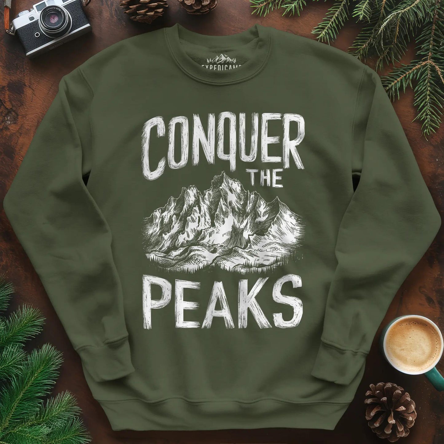 Conquer the Peaks Sweatshirt – Military Green – Outdoor apparel for travel, hiking, camping, and nature lovers – ExpediCamp