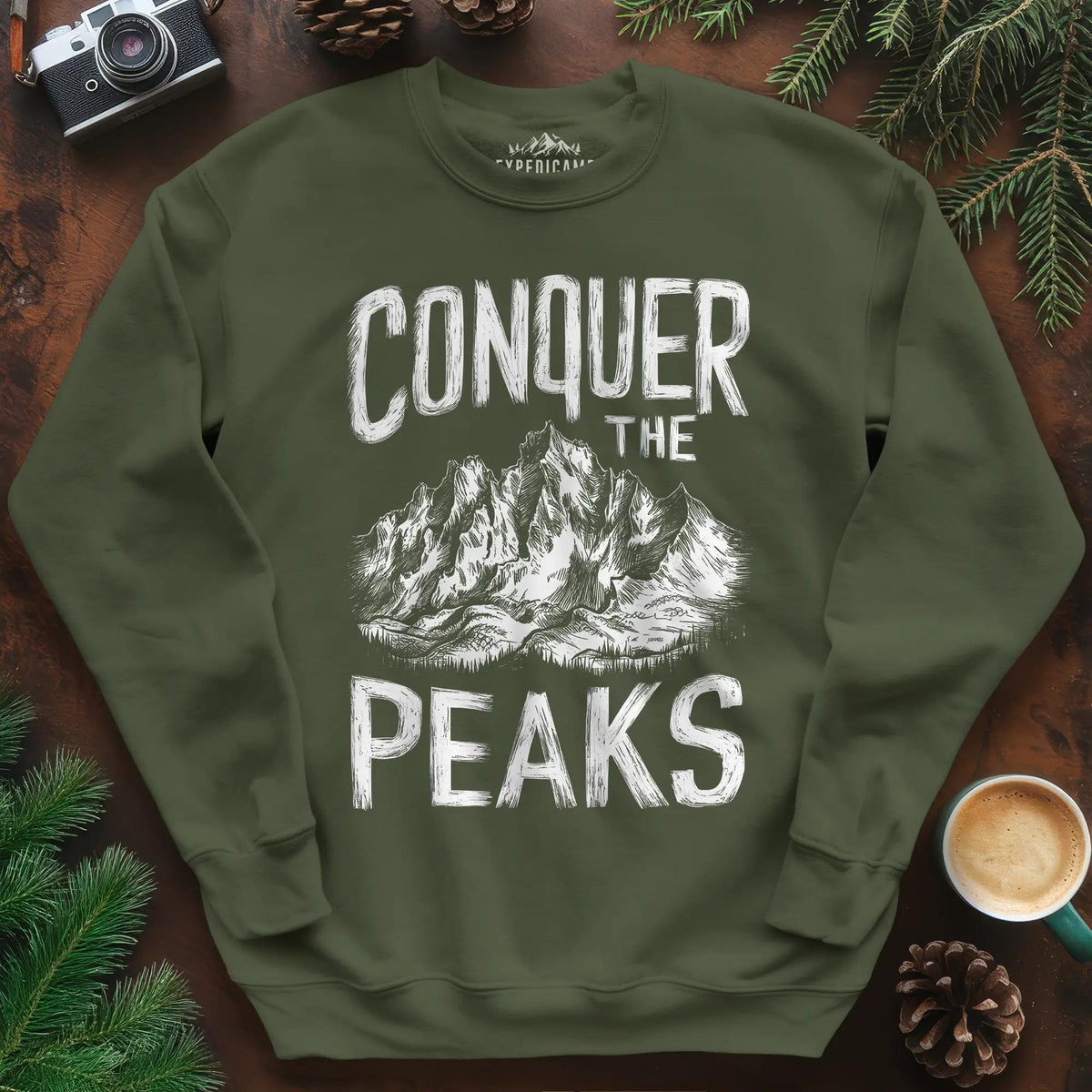 Conquer the Peaks Sweatshirt – Military Green – Outdoor apparel for travel, hiking, camping, and nature lovers – ExpediCamp