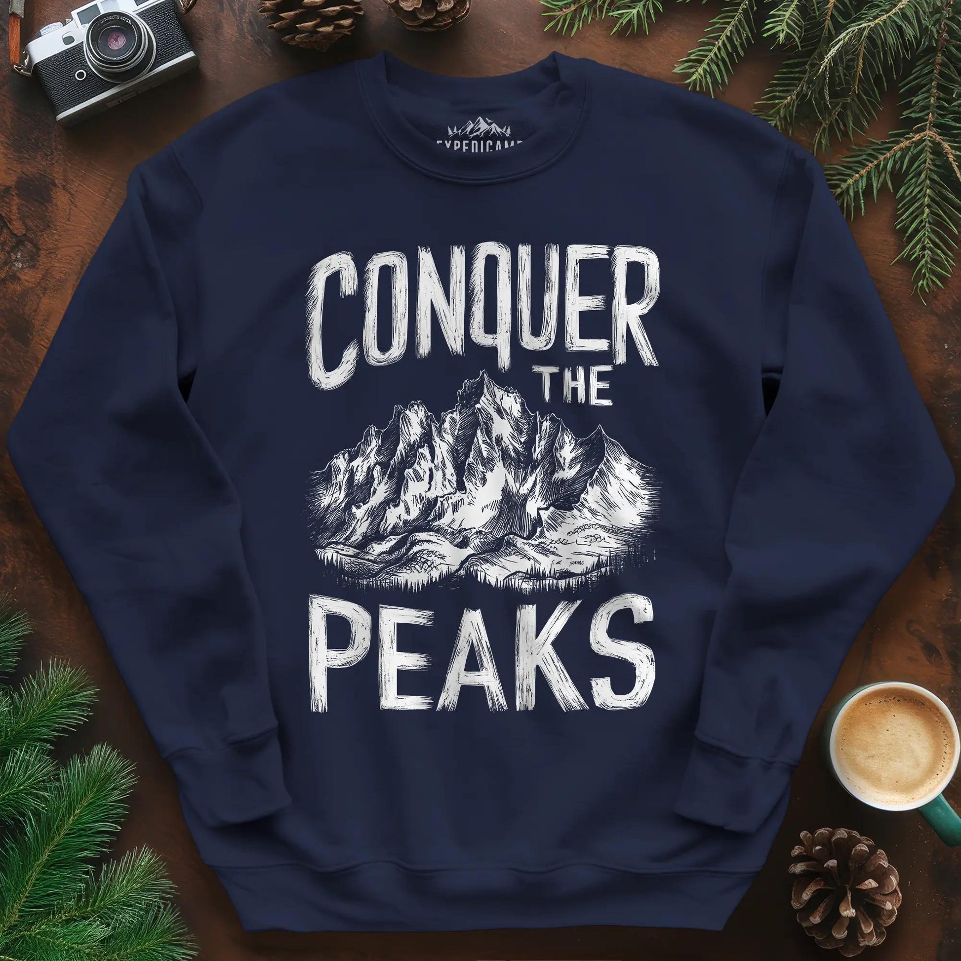 Conquer the Peaks Sweatshirt – Navy – Outdoor apparel for travel, hiking, camping, and nature lovers – ExpediCamp
